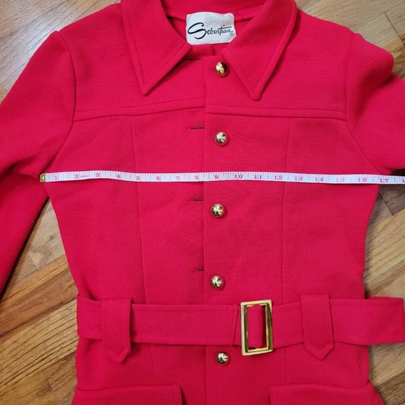 Vintage 1960s Sebastian Red Belted Jacket and Pant Suit With Gold Buttons Set - Picture 8 of 16